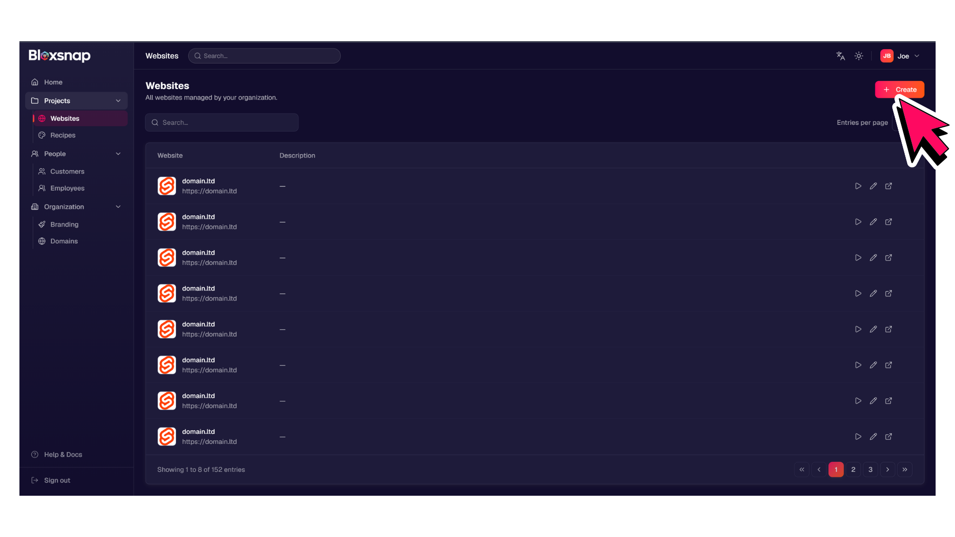 Creating a website project in Bloxsnap
